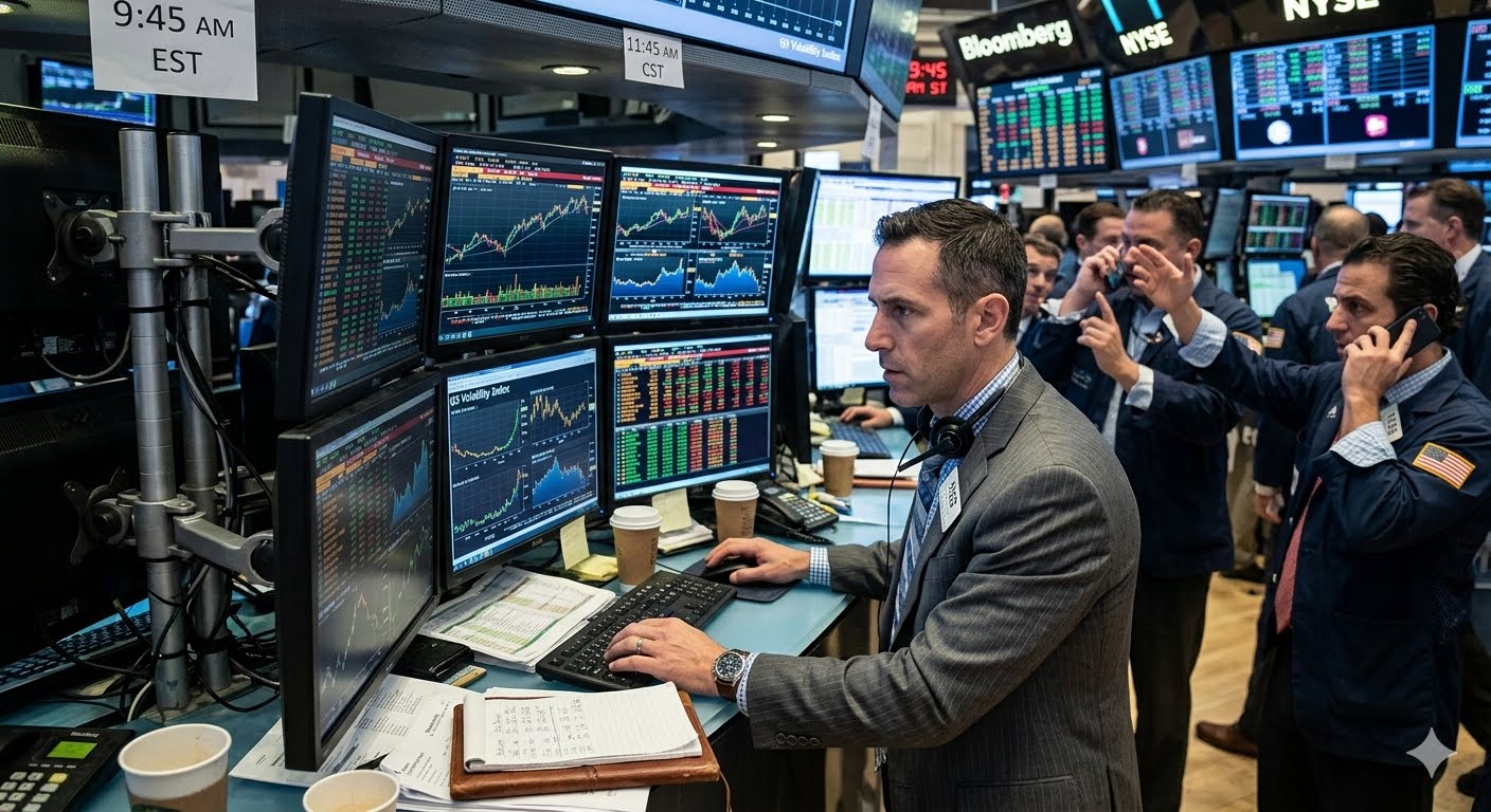 Trader at a multi-screen trading desk